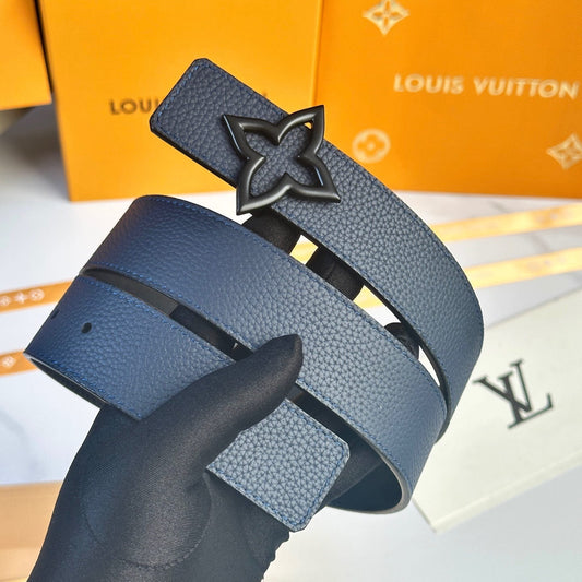 Louis Vuitton LV Women's Bloom Marine Blue Taurillon 40mm Reversible Belt - Matte Black Flowergram Buckle