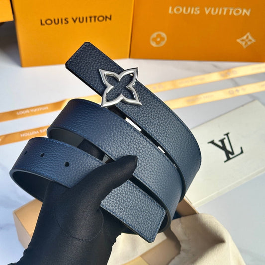 Louis Vuitton LV Women's Bloom Marine Blue Taurillon 40mm Reversible Belt - Silver Flowergram Buckle