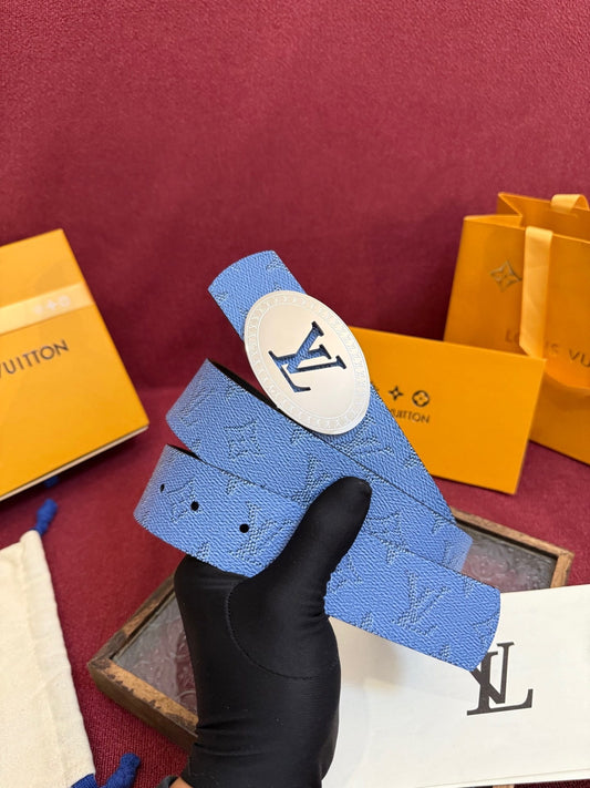 Louis Vuitton LV Blue Dimension Monogram Heritage 40mm Reversible Belt - Oval Silver Buckle