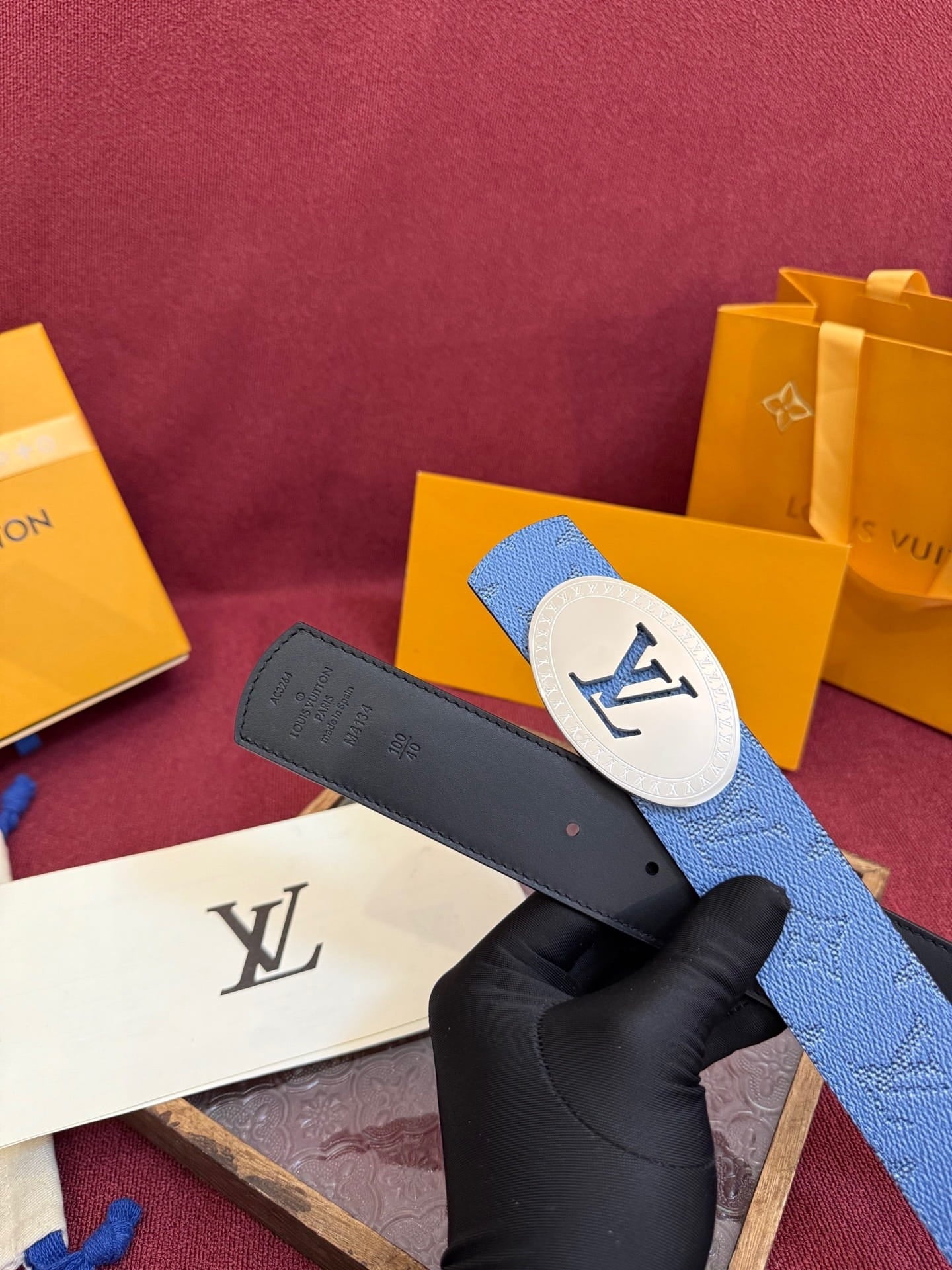 Louis Vuitton LV Blue Dimension Monogram Heritage 40mm Reversible Belt - Oval Silver Buckle