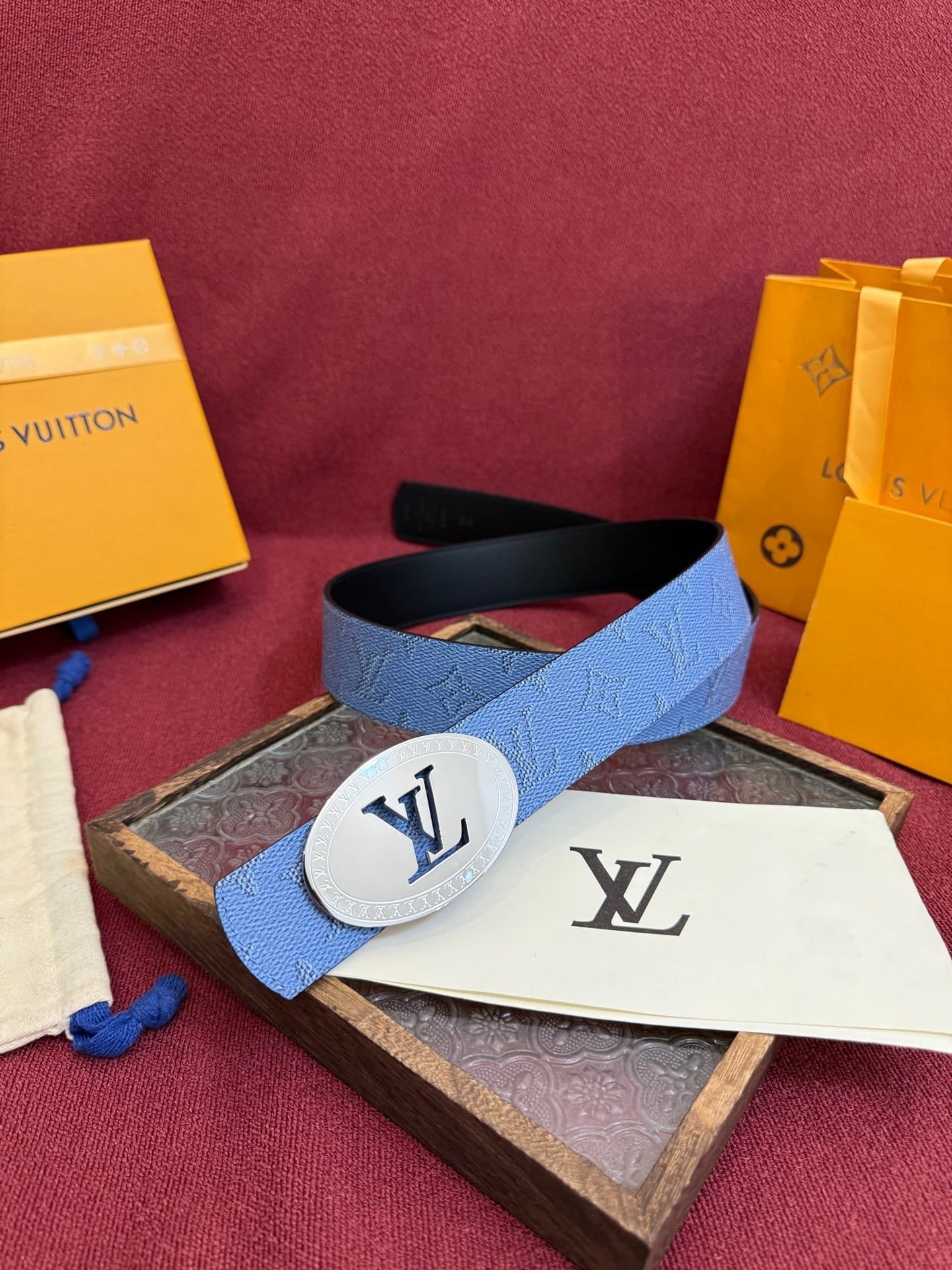 Louis Vuitton LV Blue Dimension Monogram Heritage 40mm Reversible Belt - Oval Silver Buckle