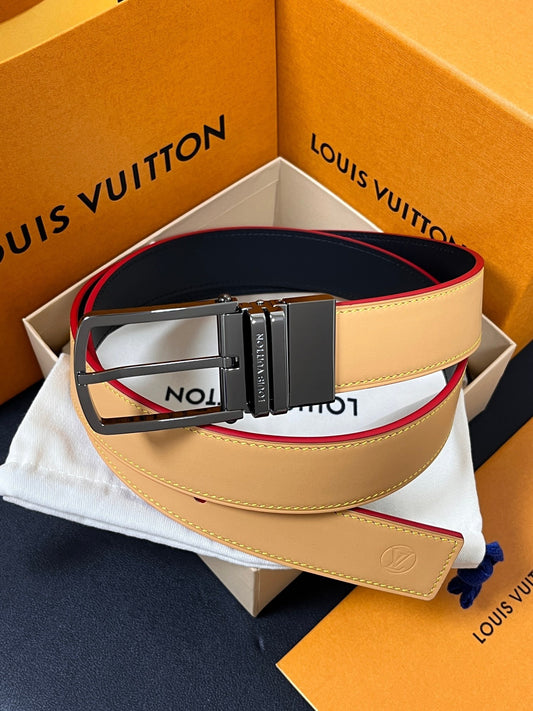 Louis Vuitton LV Corner Pin Trunk 35mm Reversible Belt Vachetta & Black - Gold Buckle