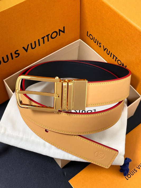 Louis Vuitton LV Corner Pin Trunk 35mm Reversible Belt Vachetta & Black - Gold Buckle