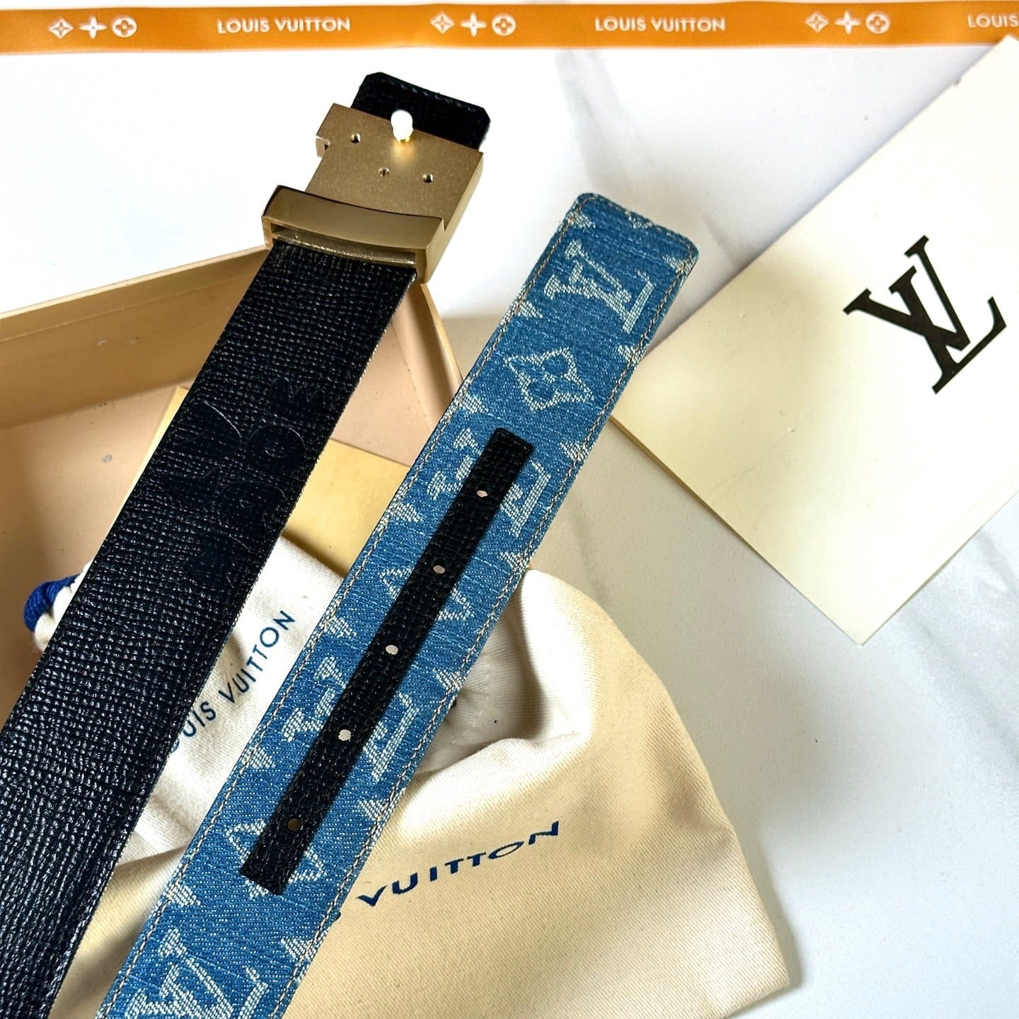Louis Vuitton LV Dimension Monogram Denim Flower 40mm Reversible Belt - Gold Textured Buckle