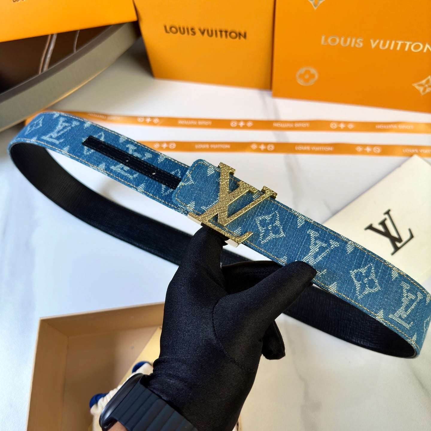Louis Vuitton LV Dimension Monogram Denim Flower 40mm Reversible Belt - Gold Textured Buckle