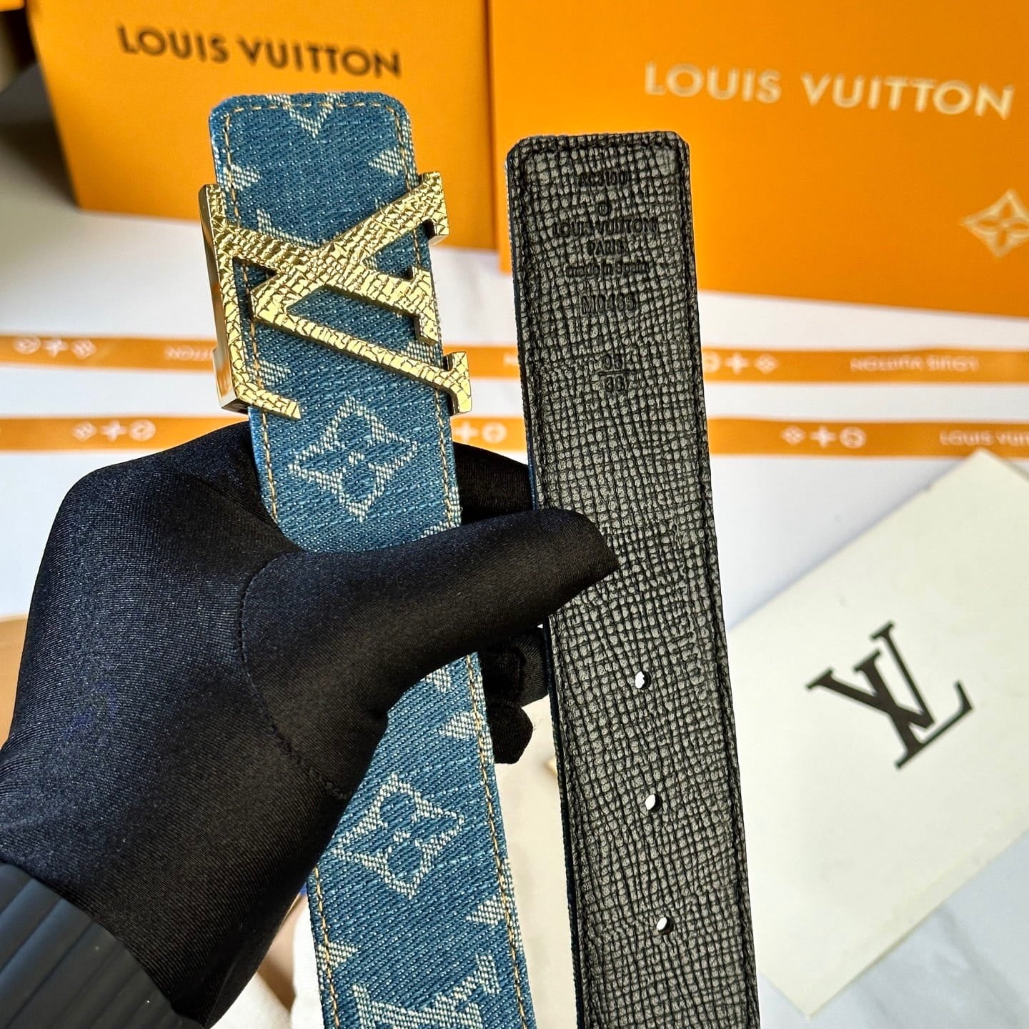 Louis Vuitton LV Dimension Monogram Denim Flower 40mm Reversible Belt - Gold Textured Buckle