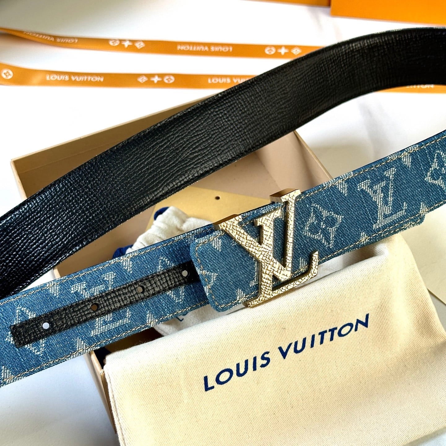 Louis Vuitton LV Dimension Monogram Denim Flower 40mm Reversible Belt - Gold Textured Buckle