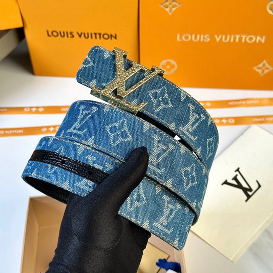 Louis Vuitton LV Dimension Monogram Denim Flower 40mm Reversible Belt - Gold Textured Buckle