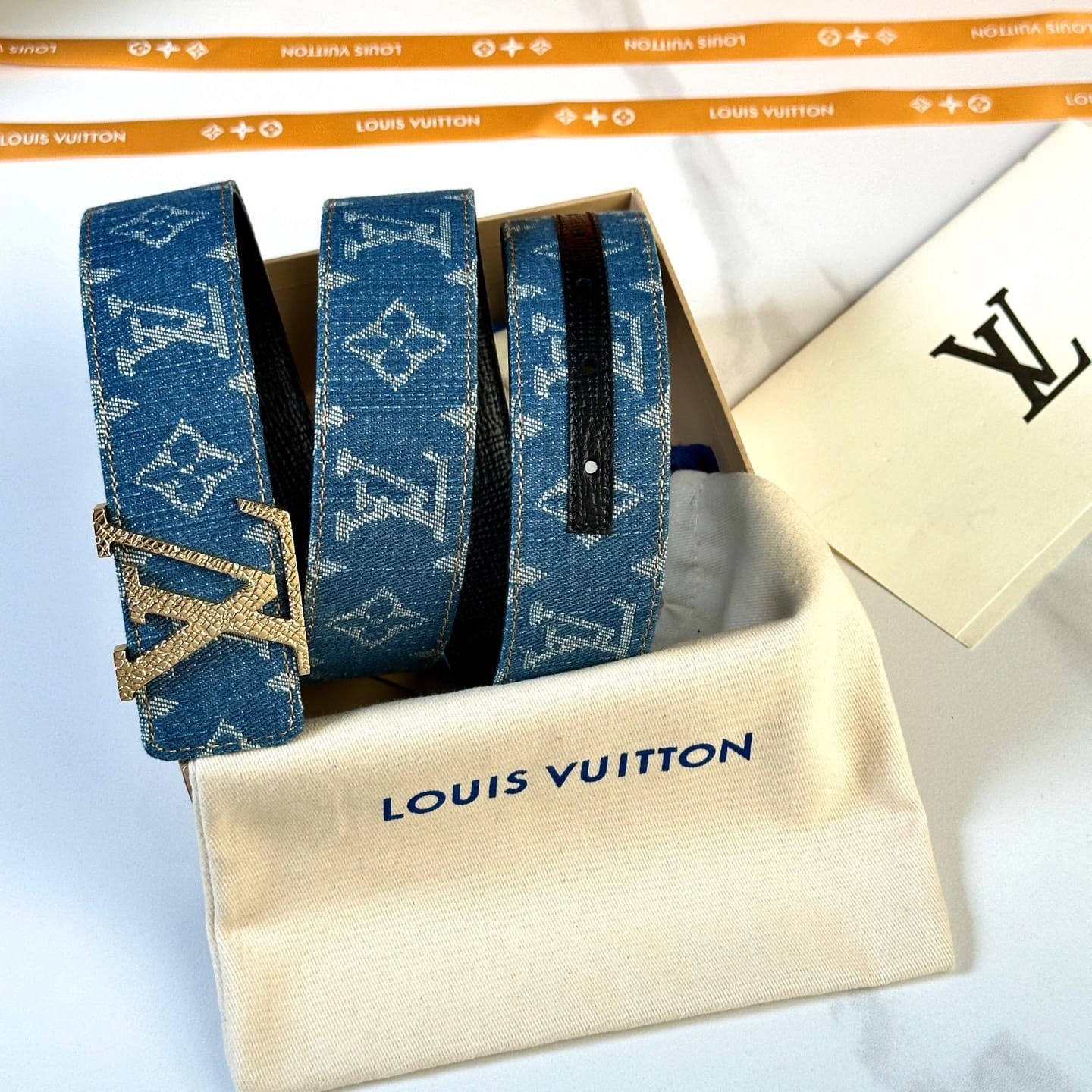 Louis Vuitton LV Dimension Monogram Denim Flower 40mm Reversible Belt - Gold Textured Buckle