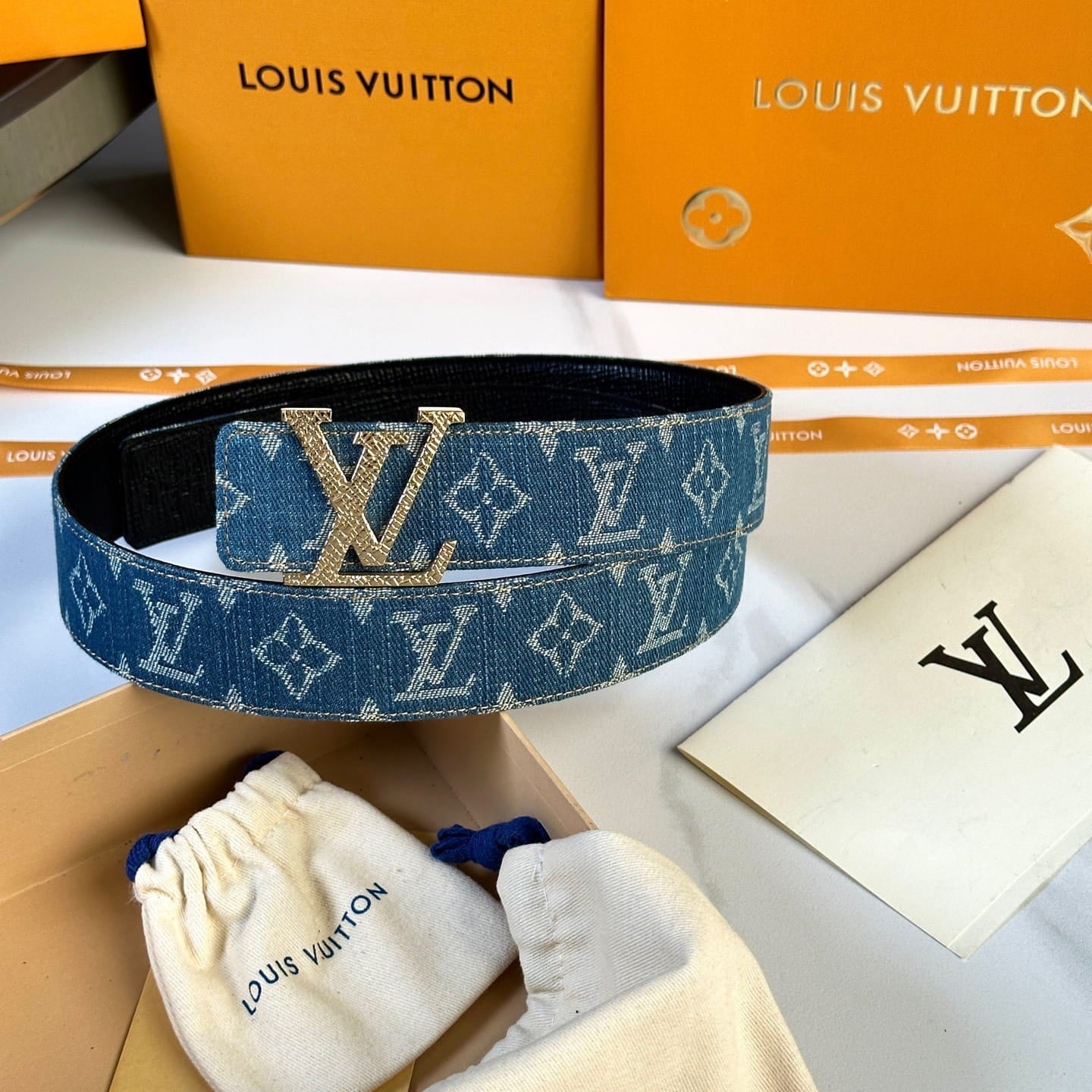 Louis Vuitton LV Dimension Monogram Denim Flower 40mm Reversible Belt - Gold Textured Buckle