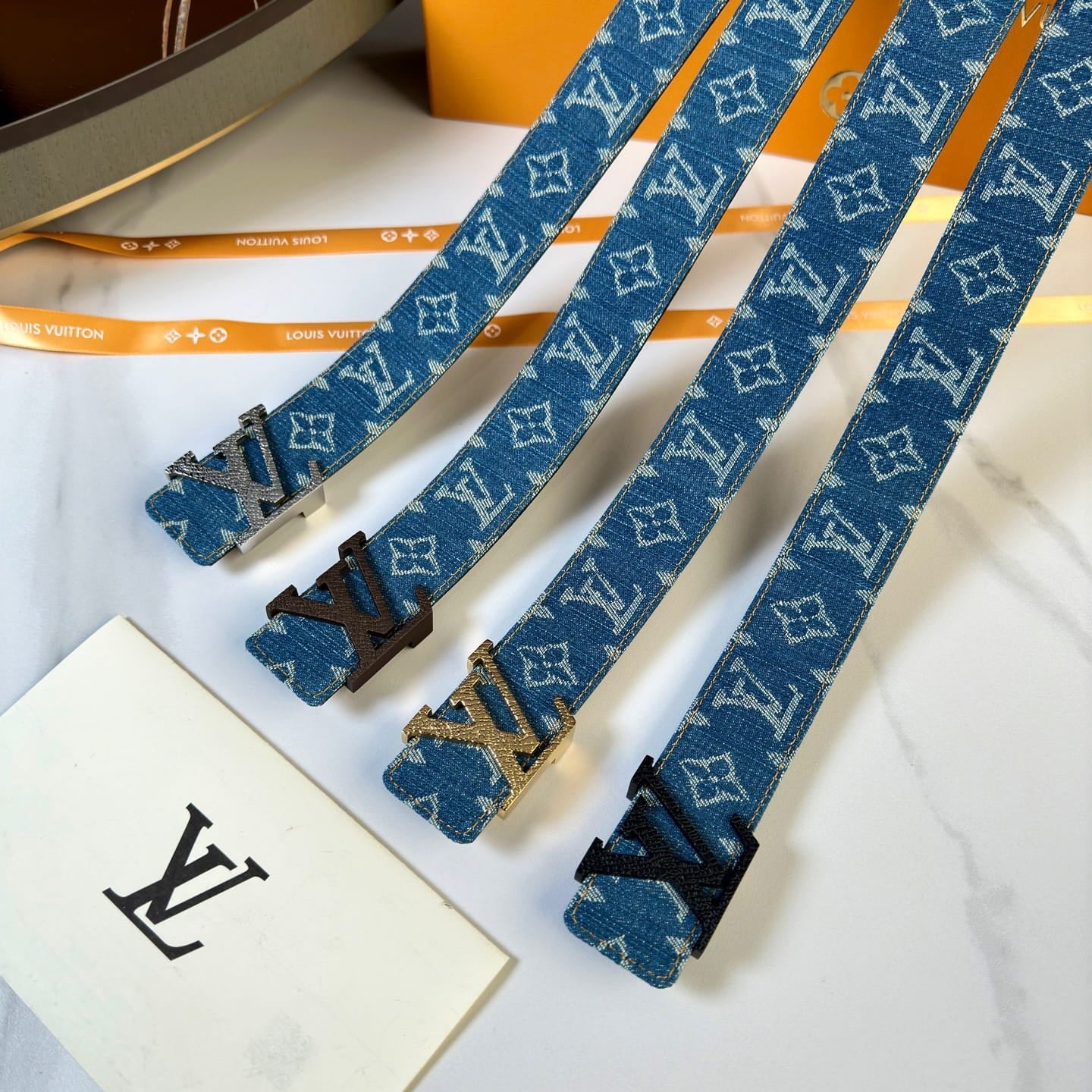 Louis Vuitton LV Dimension Monogram Denim Flower 40mm Reversible Belt - Gold Textured Buckle