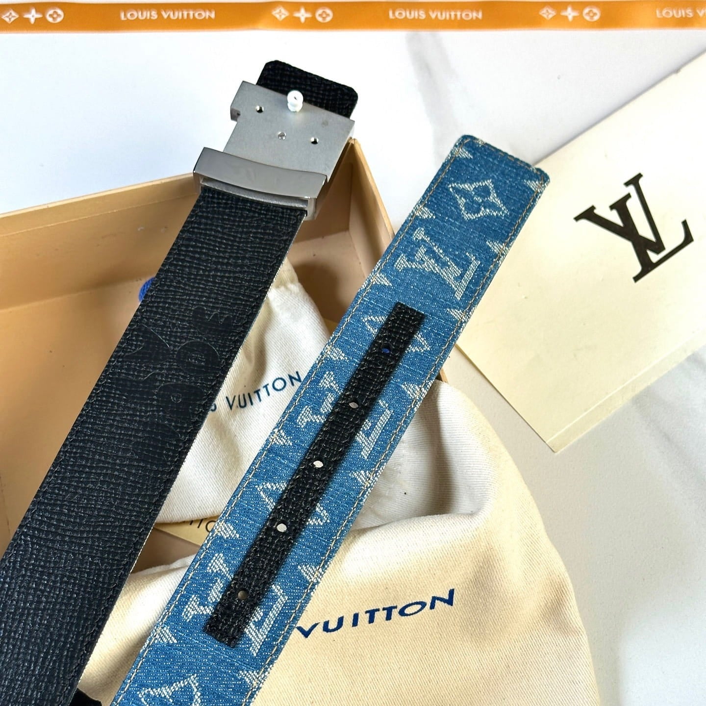 Louis Vuitton LV Dimension Monogram Denim Flower 40mm Reversible Belt - Silver Textured Buckle