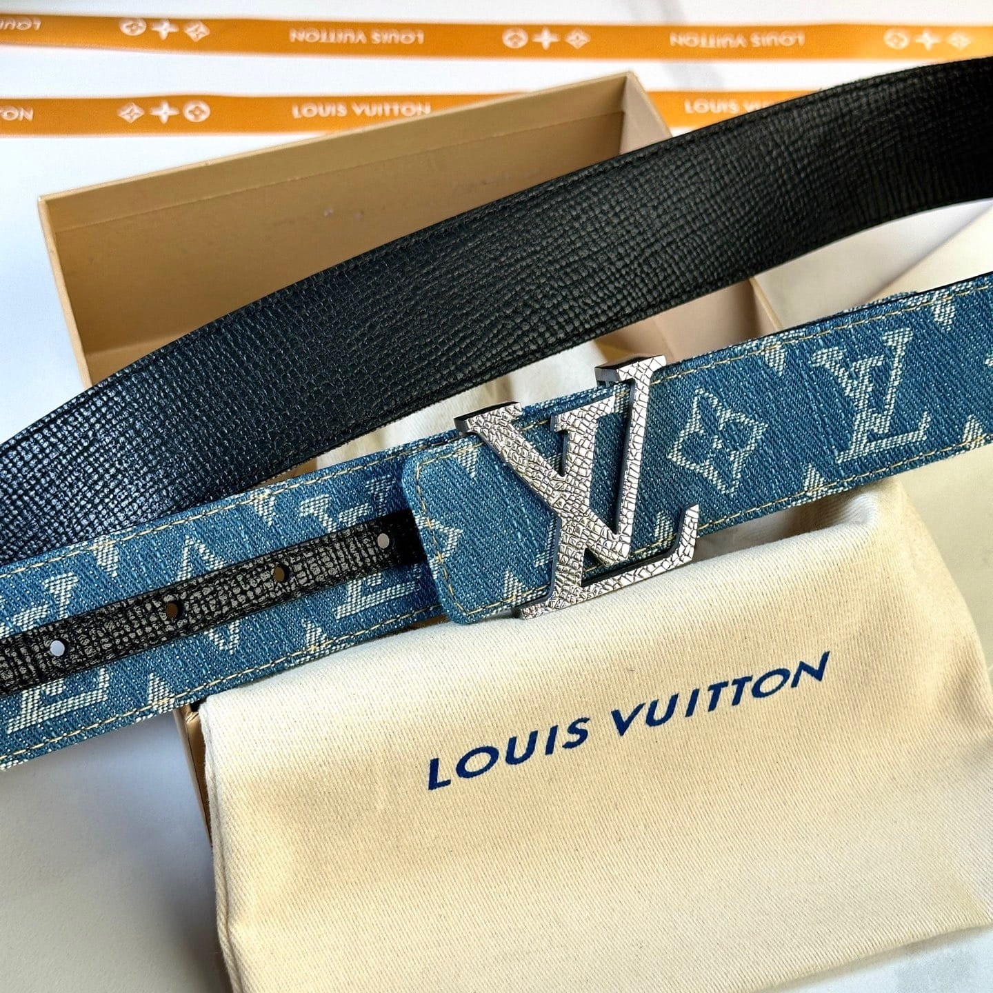 Louis Vuitton LV Dimension Monogram Denim Flower 40mm Reversible Belt - Silver Textured Buckle