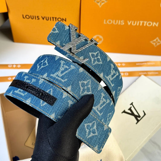 Louis Vuitton LV Dimension Monogram Denim Flower 40mm Reversible Belt - Silver Textured Buckle