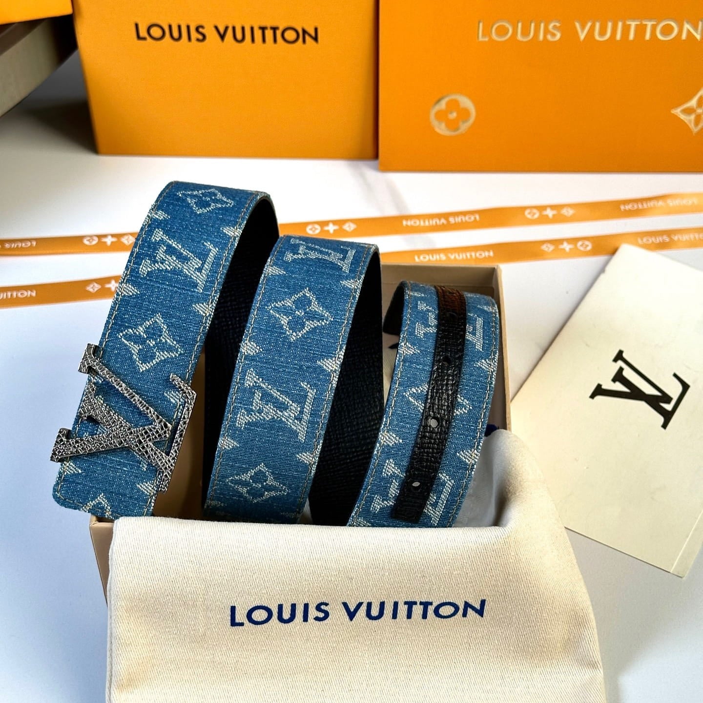 Louis Vuitton LV Dimension Monogram Denim Flower 40mm Reversible Belt - Silver Textured Buckle