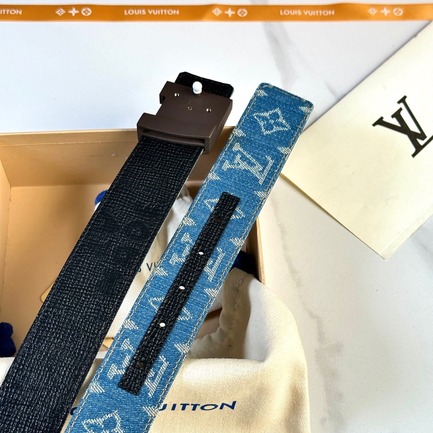 Louis Vuitton LV Dimension Monogram Denim Flower 40mm Reversible Belt - Wood Brown Textured Buckle