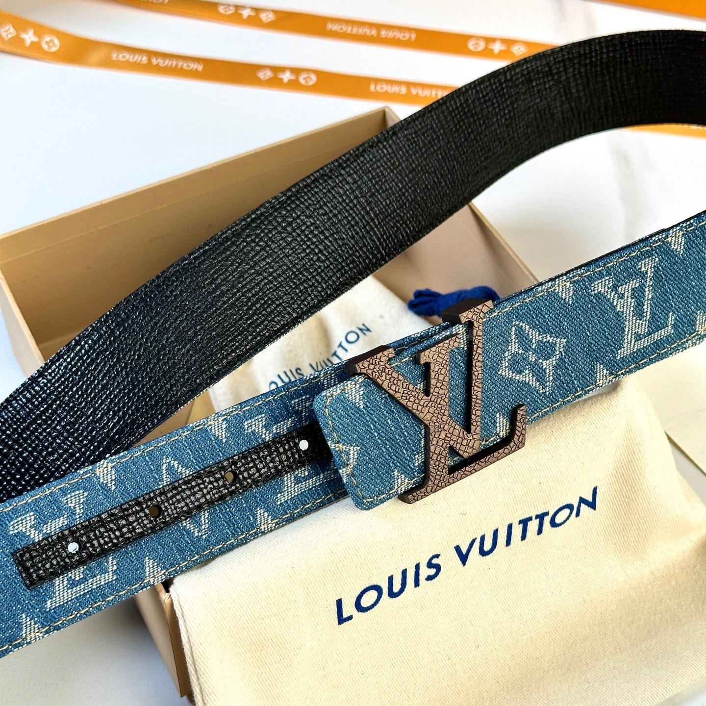 Louis Vuitton LV Dimension Monogram Denim Flower 40mm Reversible Belt - Wood Brown Textured Buckle