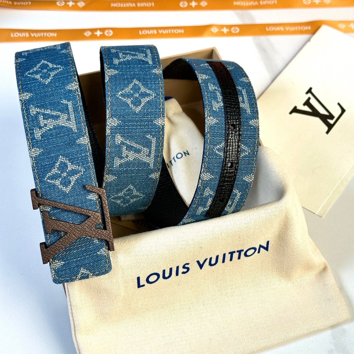 Louis Vuitton LV Dimension Monogram Denim Flower 40mm Reversible Belt - Wood Brown Textured Buckle