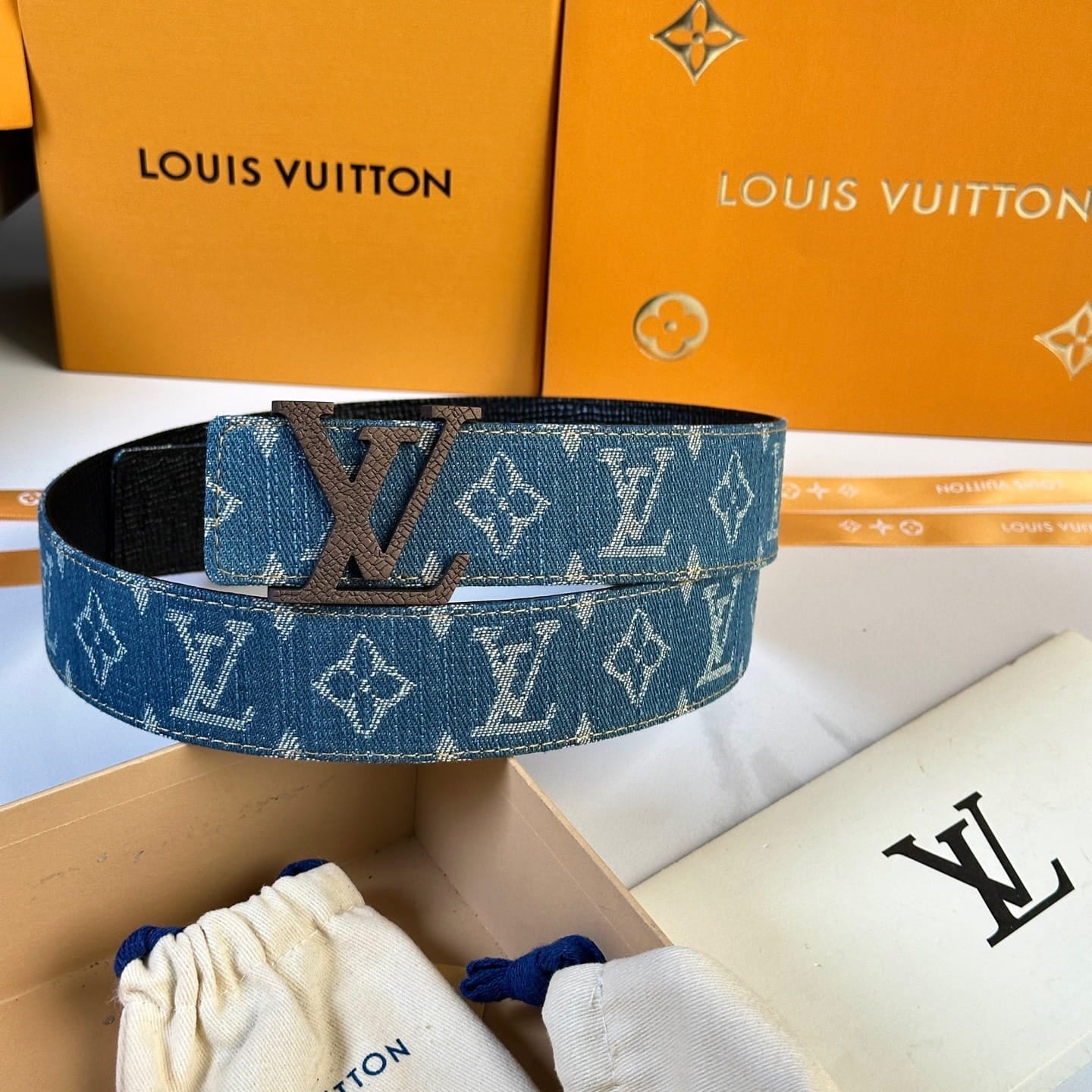 Louis Vuitton LV Dimension Monogram Denim Flower 40mm Reversible Belt - Wood Brown Textured Buckle