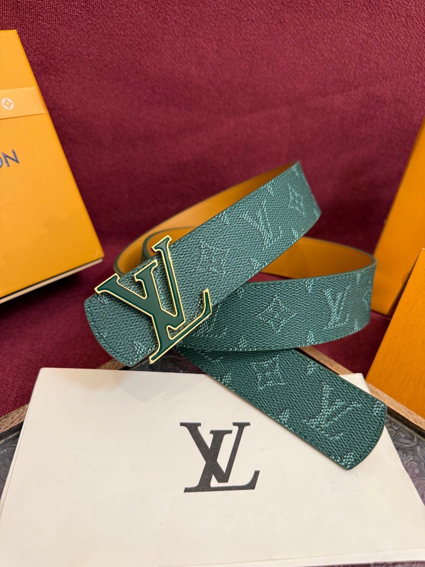Louis Vuitton LV Emerald Green Monogram Taurillon 40mm Reversible Belt - Gold & Green Buckle