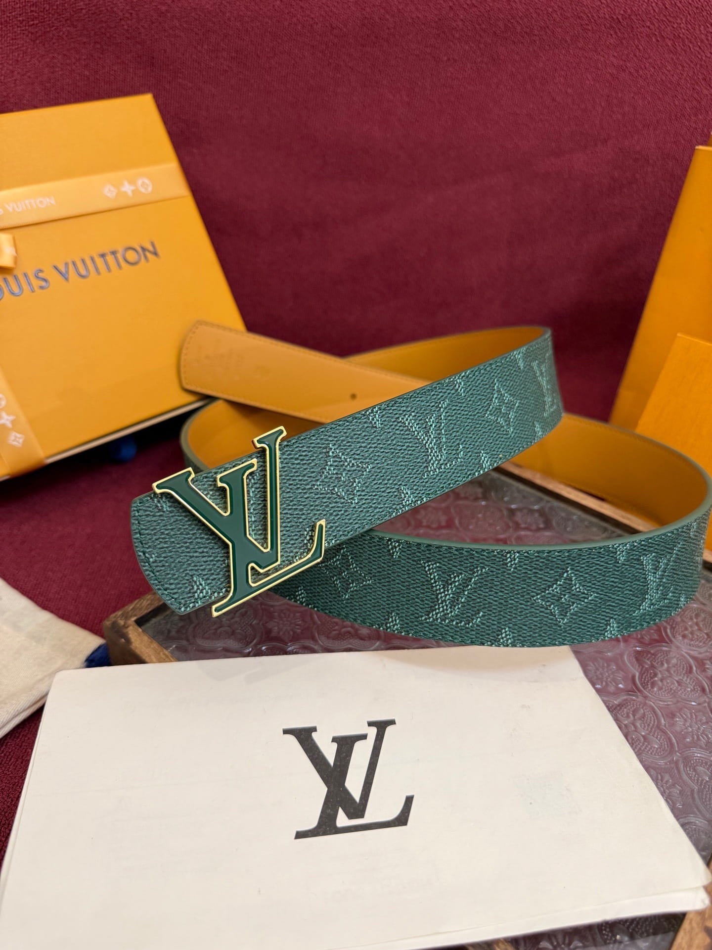 Louis Vuitton LV Emerald Green Monogram Taurillon 40mm Reversible Belt - Gold & Green Buckle