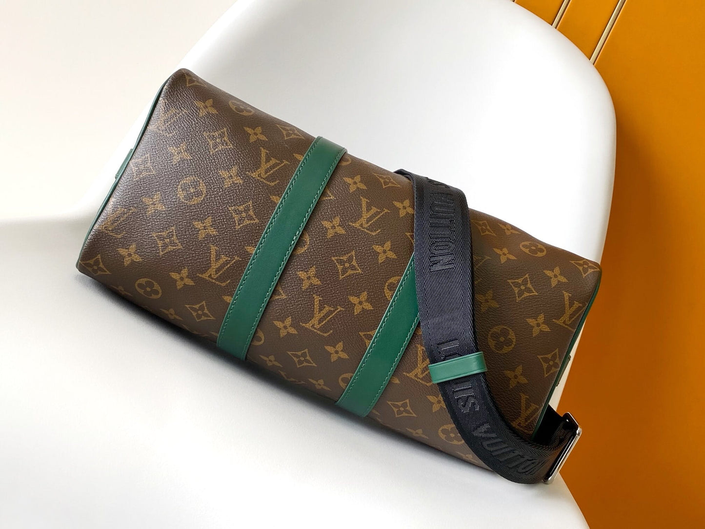 Louis Vuitton LV Keepall Bandoulière 35 Travel Duffle Bag - Monogram Canvas with Green Leather Trim