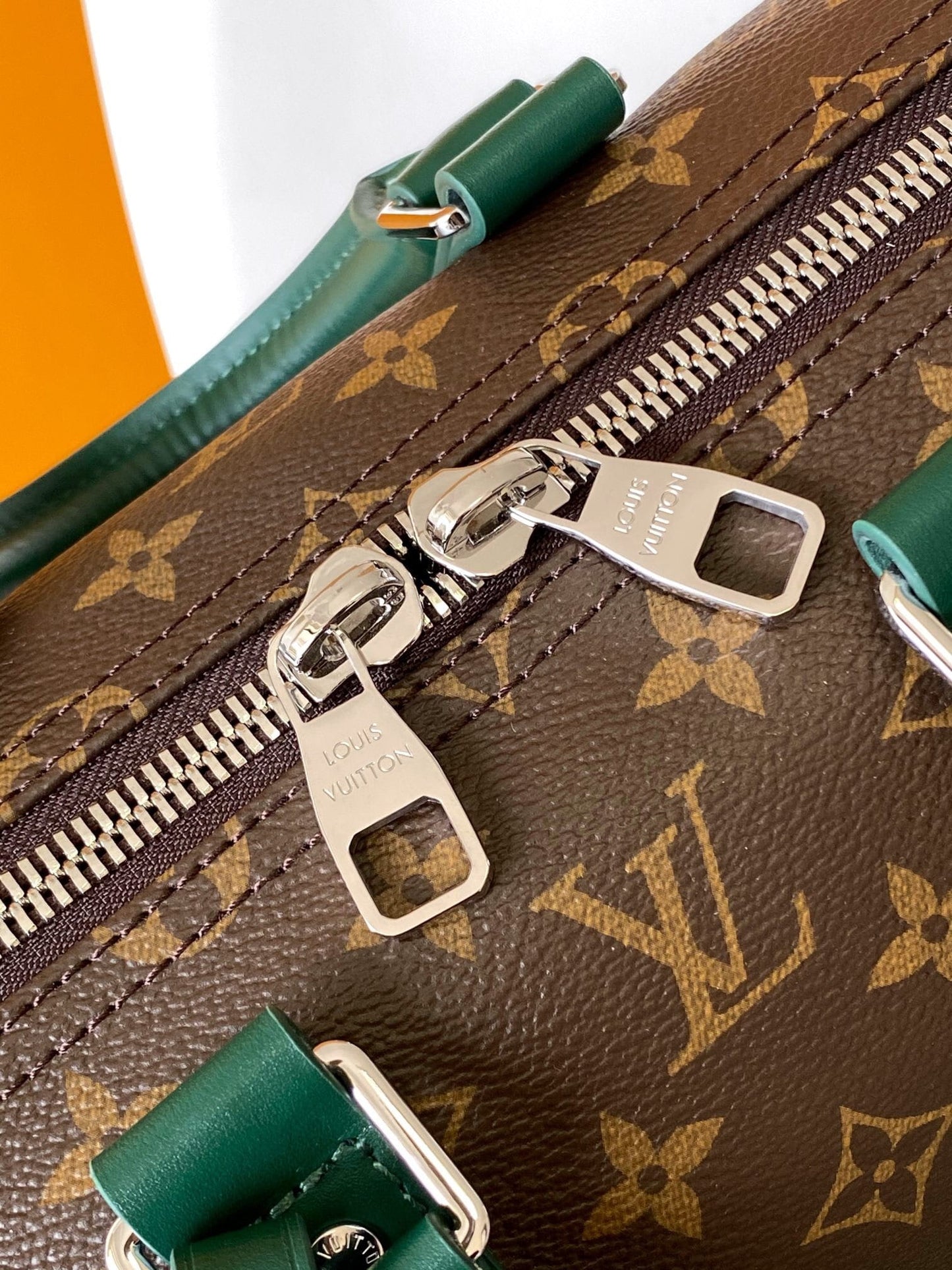 Louis Vuitton LV Keepall Bandoulière 35 Travel Duffle Bag - Monogram Canvas with Green Leather Trim