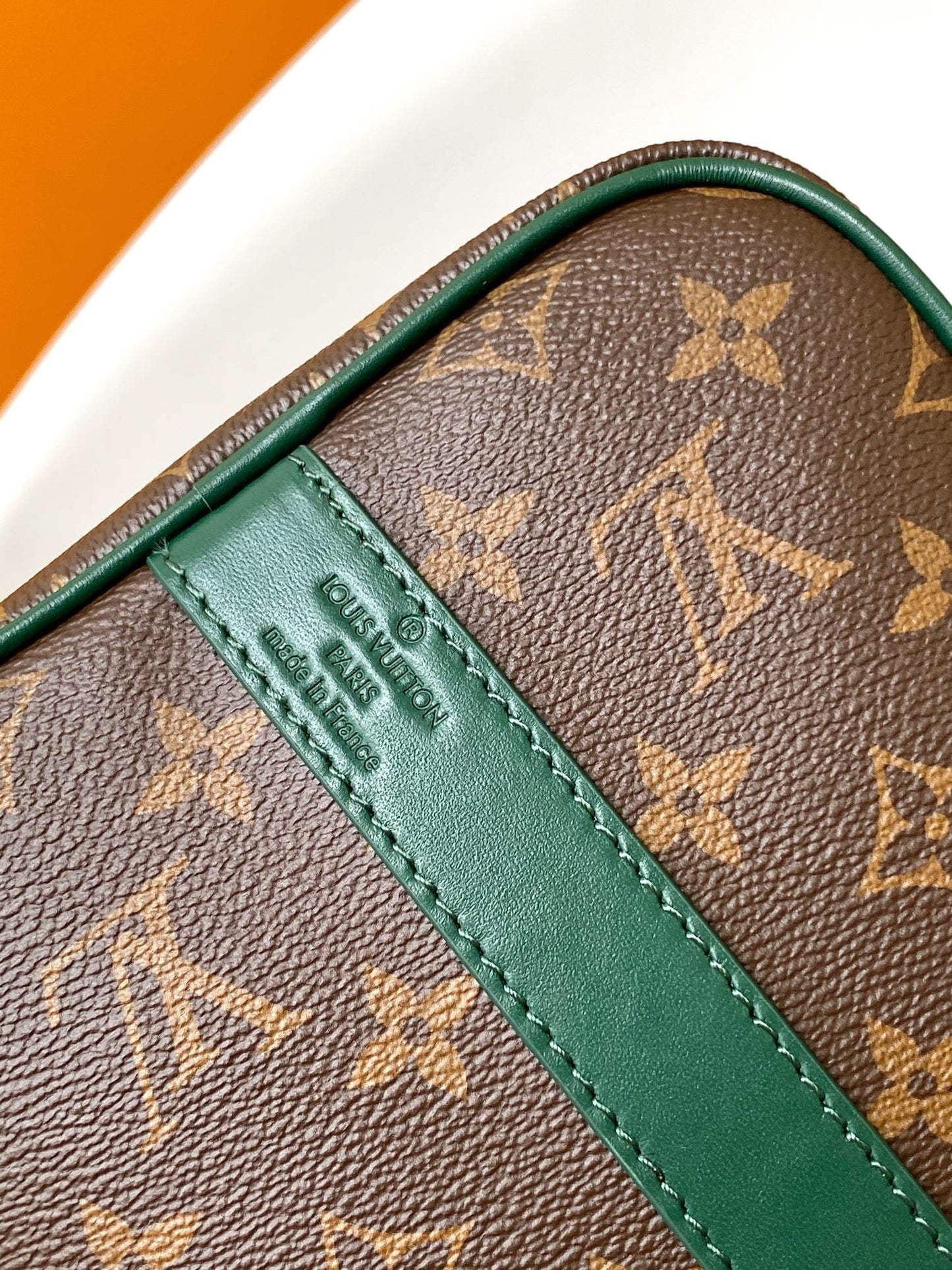 Louis Vuitton LV Keepall Bandoulière 35 Travel Duffle Bag - Monogram Canvas with Green Leather Trim