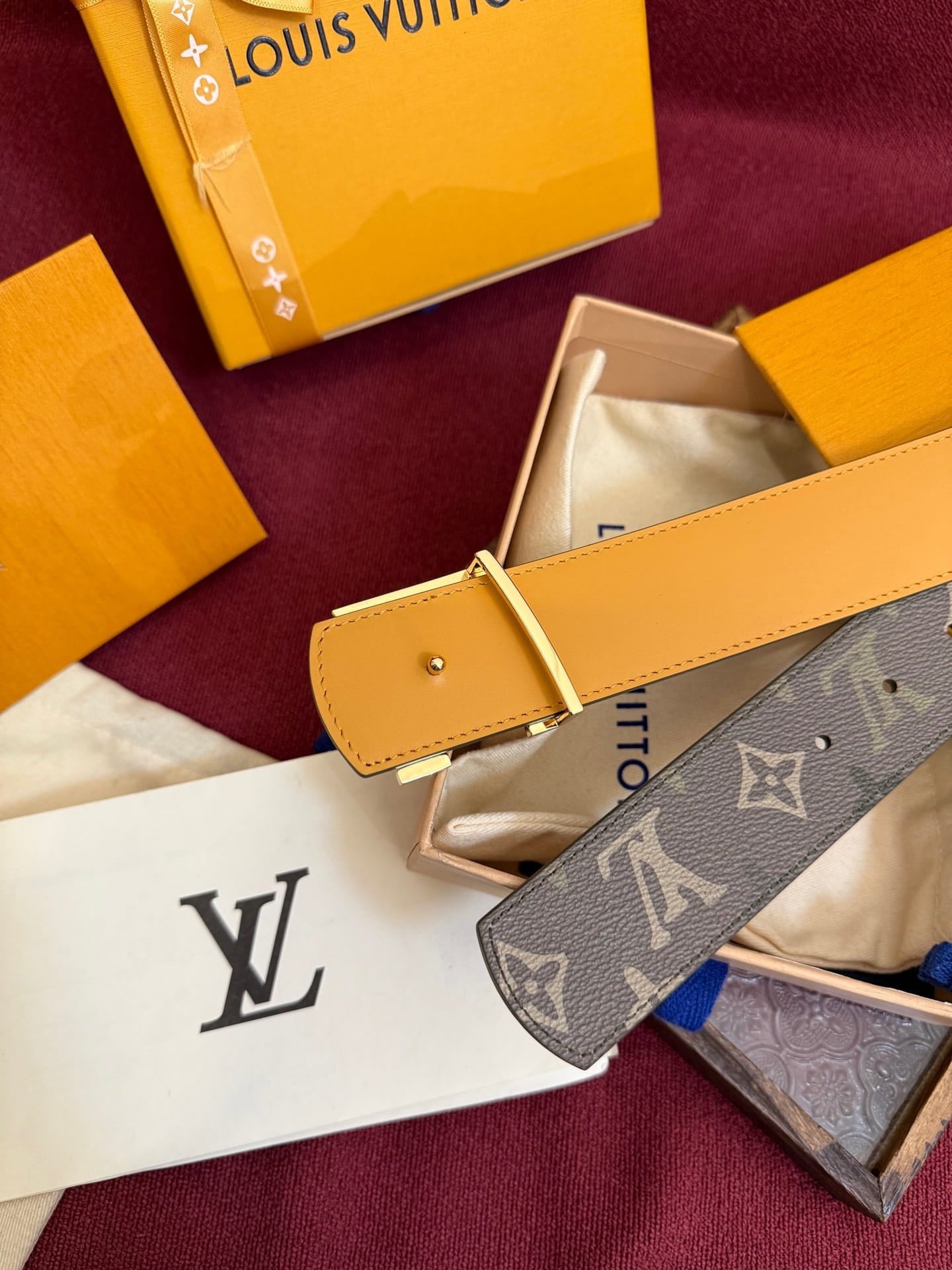 Louis Vuitton LV Khaki Monogram Taurillon 40mm Reversible Belt - Gold & Grey Buckle