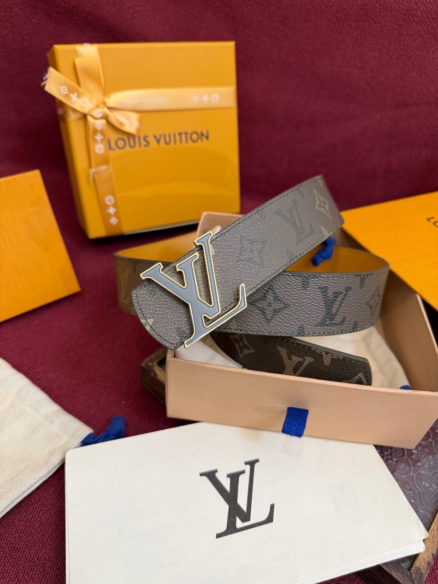 Louis Vuitton LV Khaki Monogram Taurillon 40mm Reversible Belt - Gold & Grey Buckle