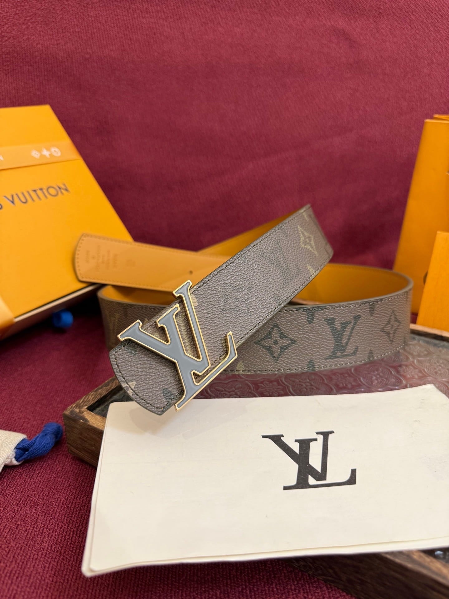 Louis Vuitton LV Khaki Monogram Taurillon 40mm Reversible Belt - Gold & Grey Buckle