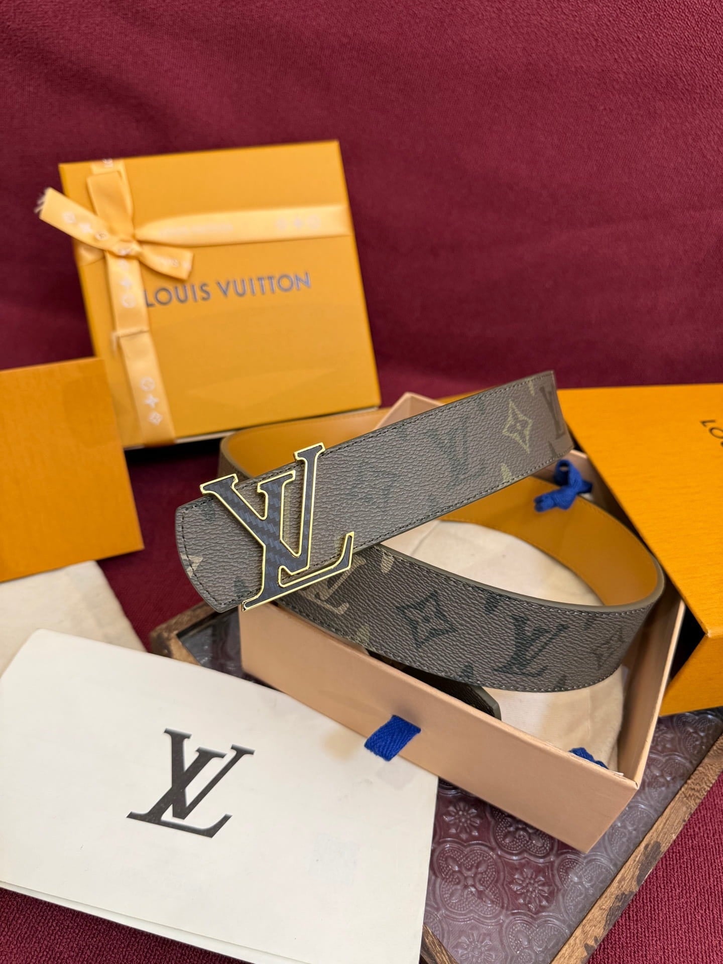 Louis Vuitton LV Khaki Monogram Taurillon 40mm Reversible Belt - Gold & Carbon Fiber Buckle