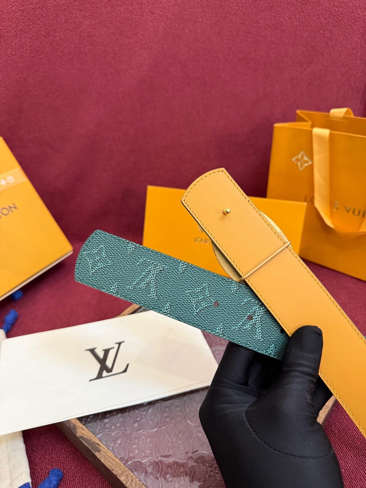 Louis Vuitton LV Malachite Green Dimension Monogram Heritage 40mm Reversible Belt - Oval Gold Buckle