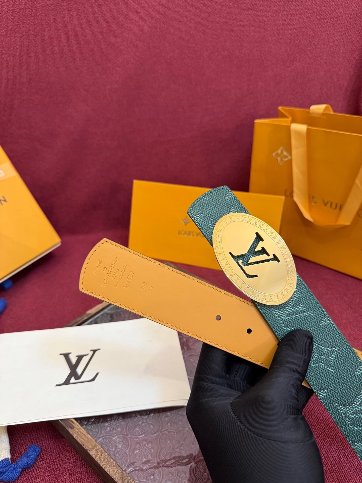 Louis Vuitton LV Malachite Green Dimension Monogram Heritage 40mm Reversible Belt - Oval Gold Buckle