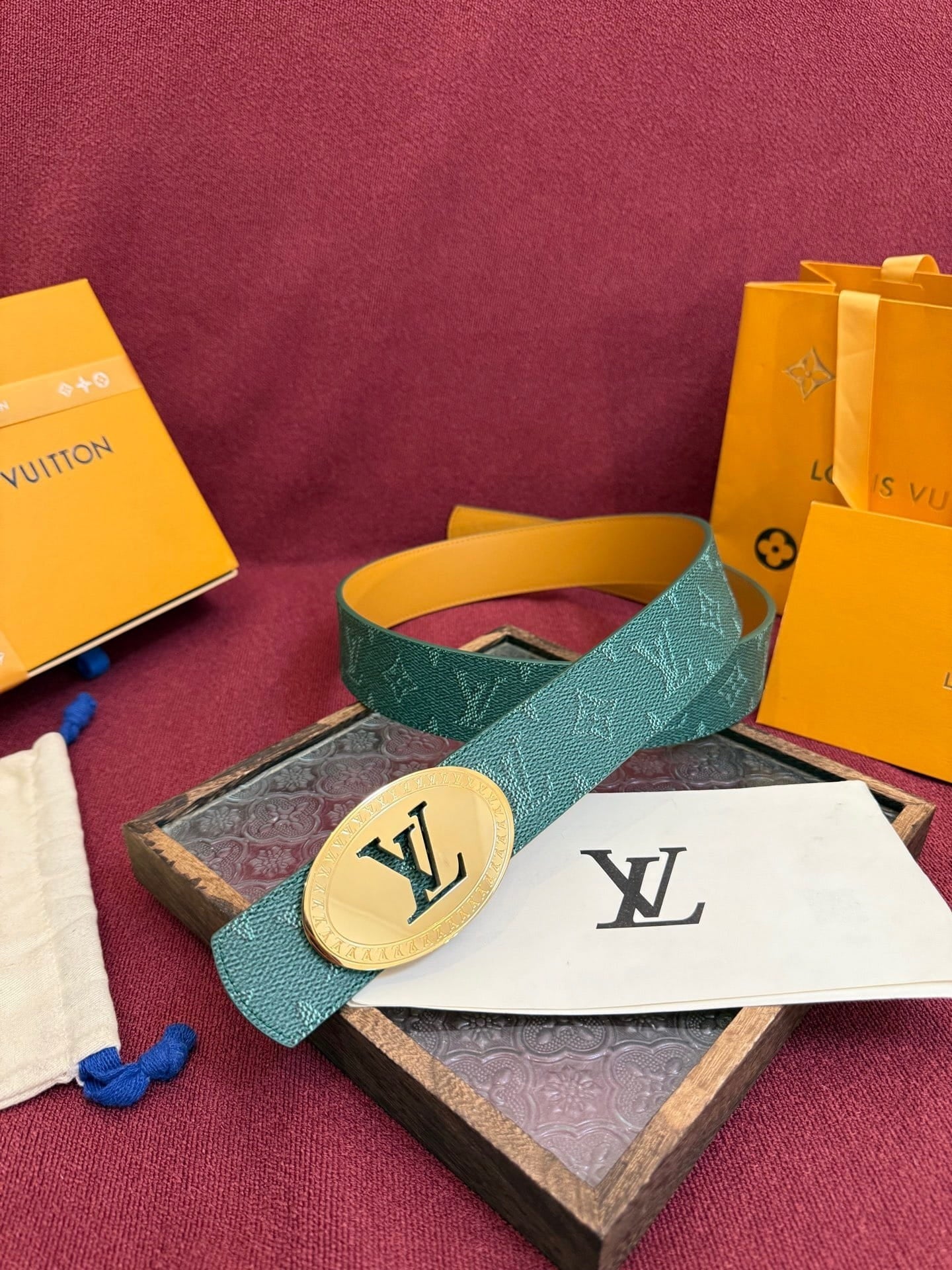 Louis Vuitton LV Malachite Green Dimension Monogram Heritage 40mm Reversible Belt - Oval Gold Buckle