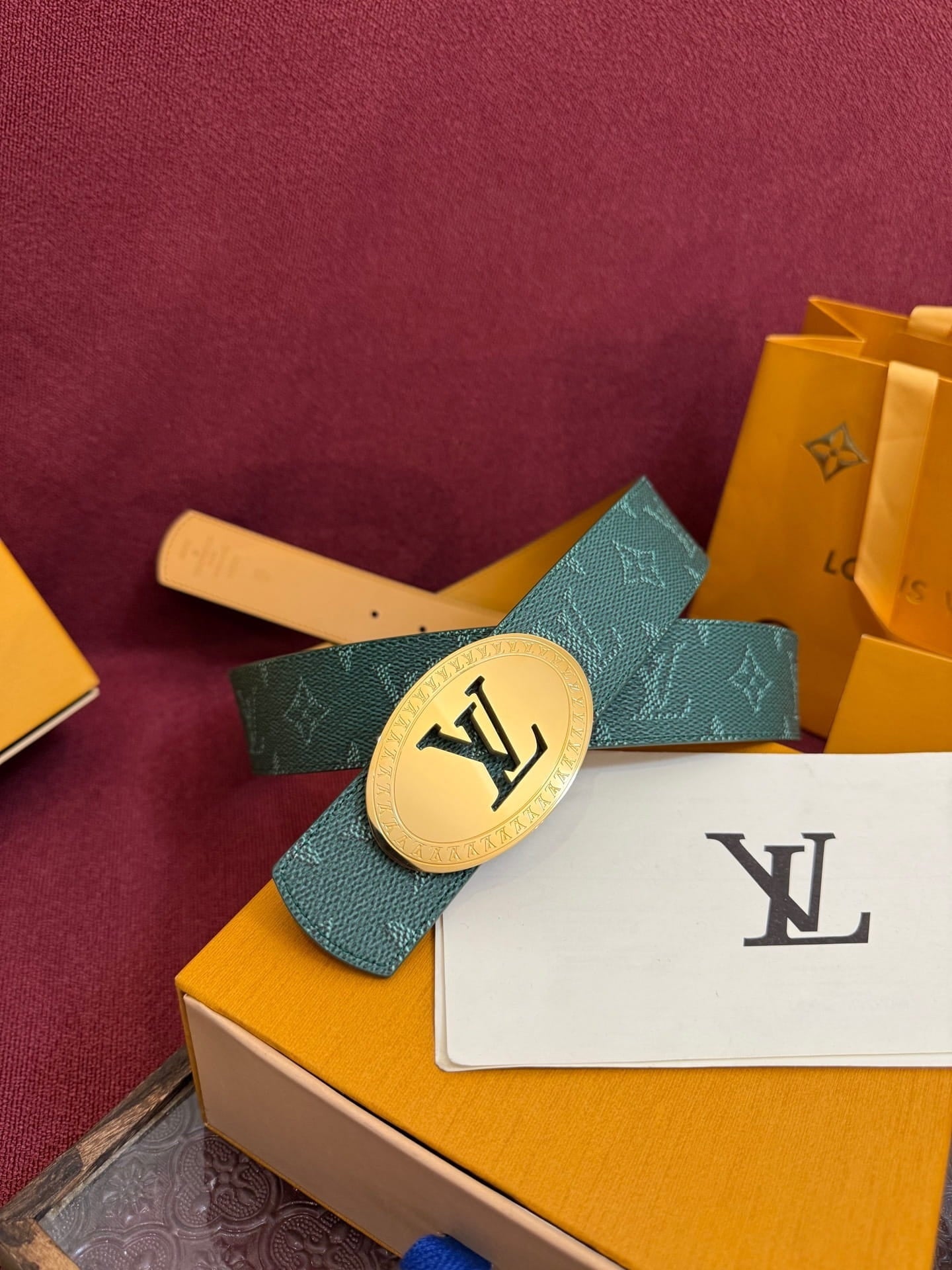 Louis Vuitton LV Malachite Green Dimension Monogram Heritage 40mm Reversible Belt - Oval Gold Buckle
