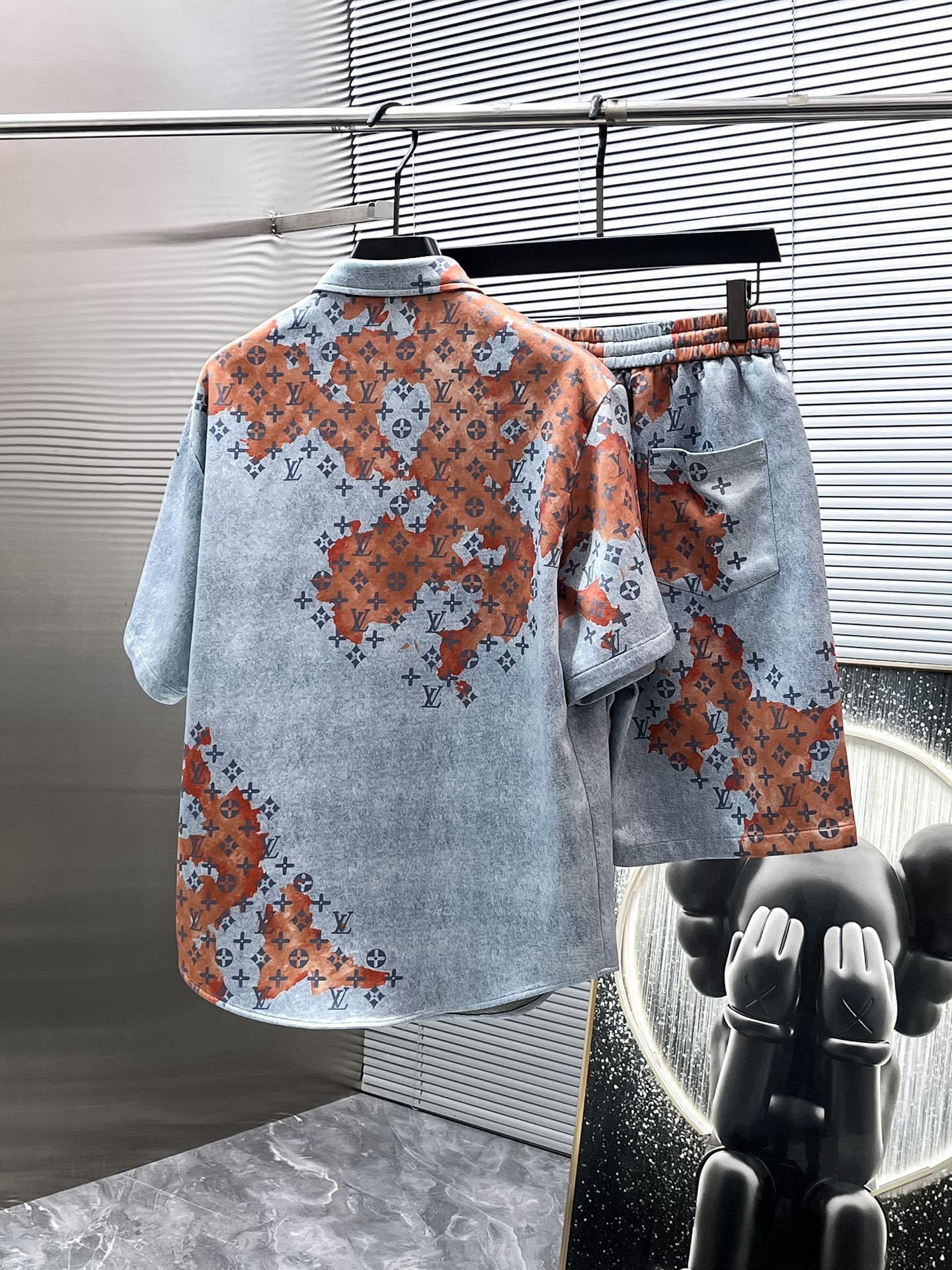 Louis Vuitton LV Monogram Bleach Denim Set - Blue & Orange Short-Sleeved Shirt & Shorts Co-ord Set