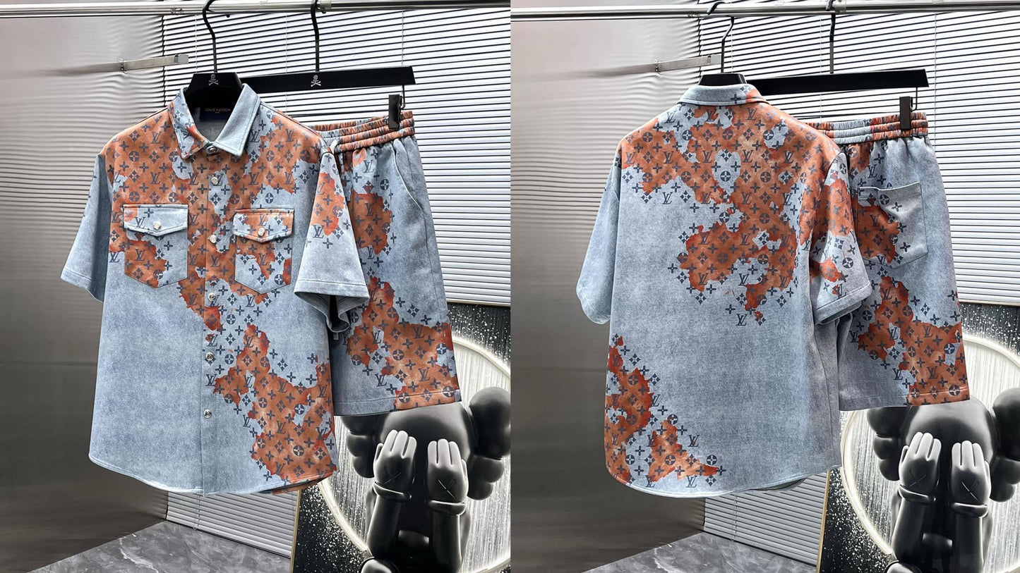 Louis Vuitton LV Monogram Bleach Denim Set - Blue & Orange Short-Sleeved Shirt & Shorts Co-ord Set