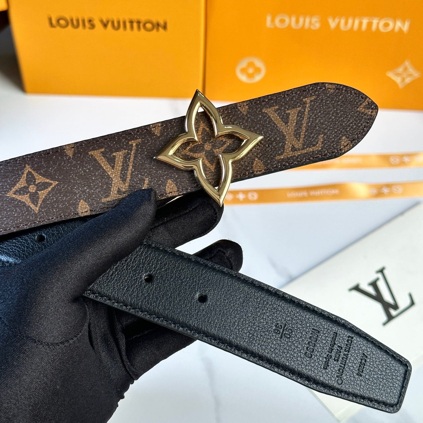 Louis Vuitton LV Women's Monogram Canvas 30mm Reversible Belt - Gold Flowergram Buckle