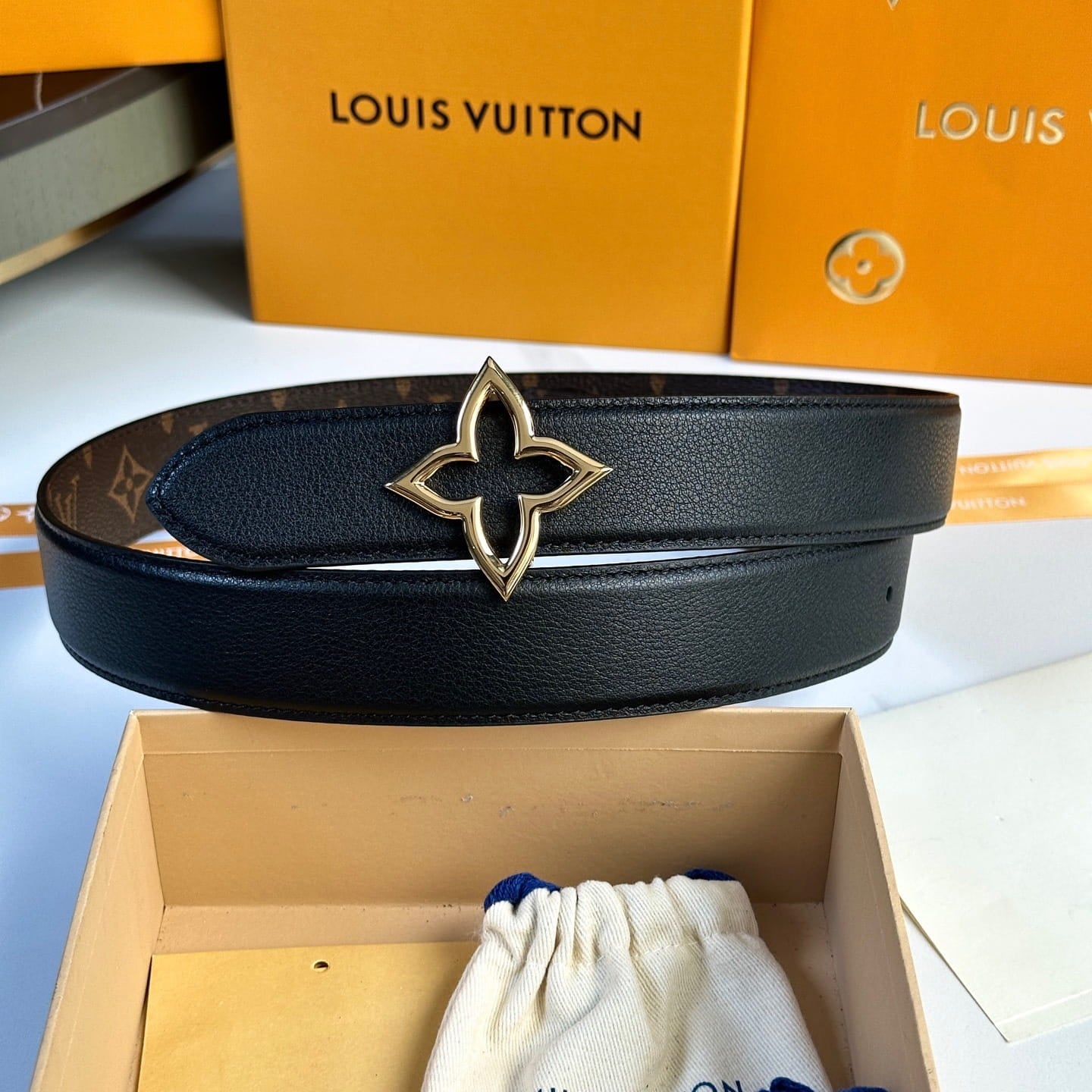 Louis Vuitton LV Women's Monogram Canvas 30mm Reversible Belt - Gold Flowergram Buckle