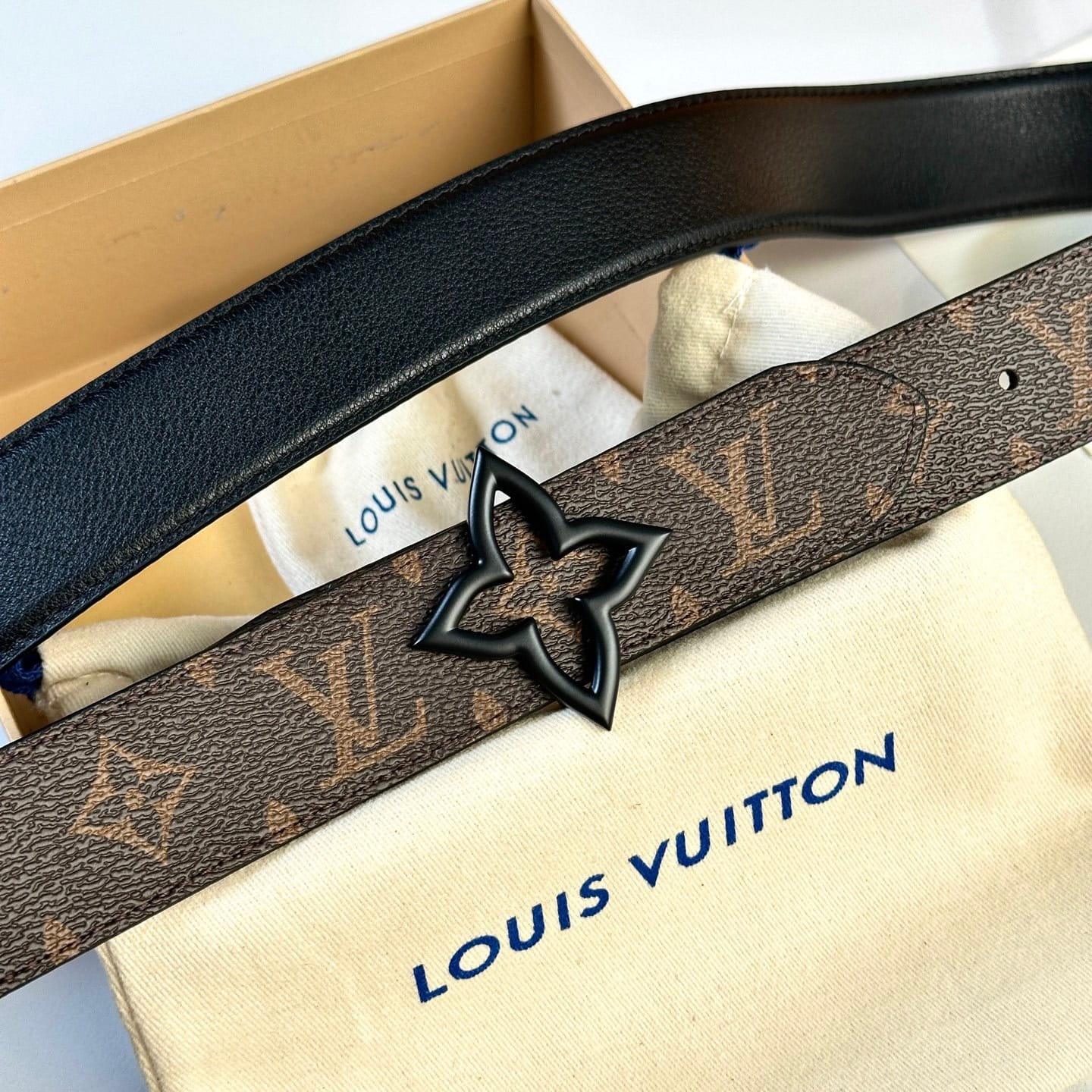 Louis Vuitton LV Women's Monogram Canvas 30mm Reversible Belt - Matte Black Flowergram Buckle