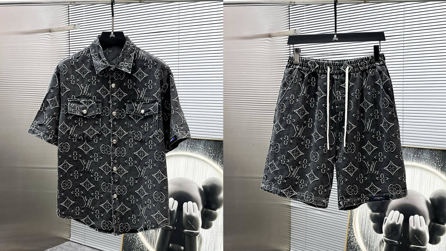 Louis Vuitton LV Monogram Denim Set - Charcoal Black Short-Sleeved Shirt & Shorts Co-ord