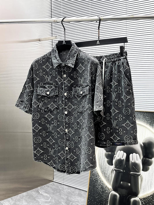 Louis Vuitton LV Monogram Denim Set - Charcoal Black Short-Sleeved Shirt & Shorts Co-ord