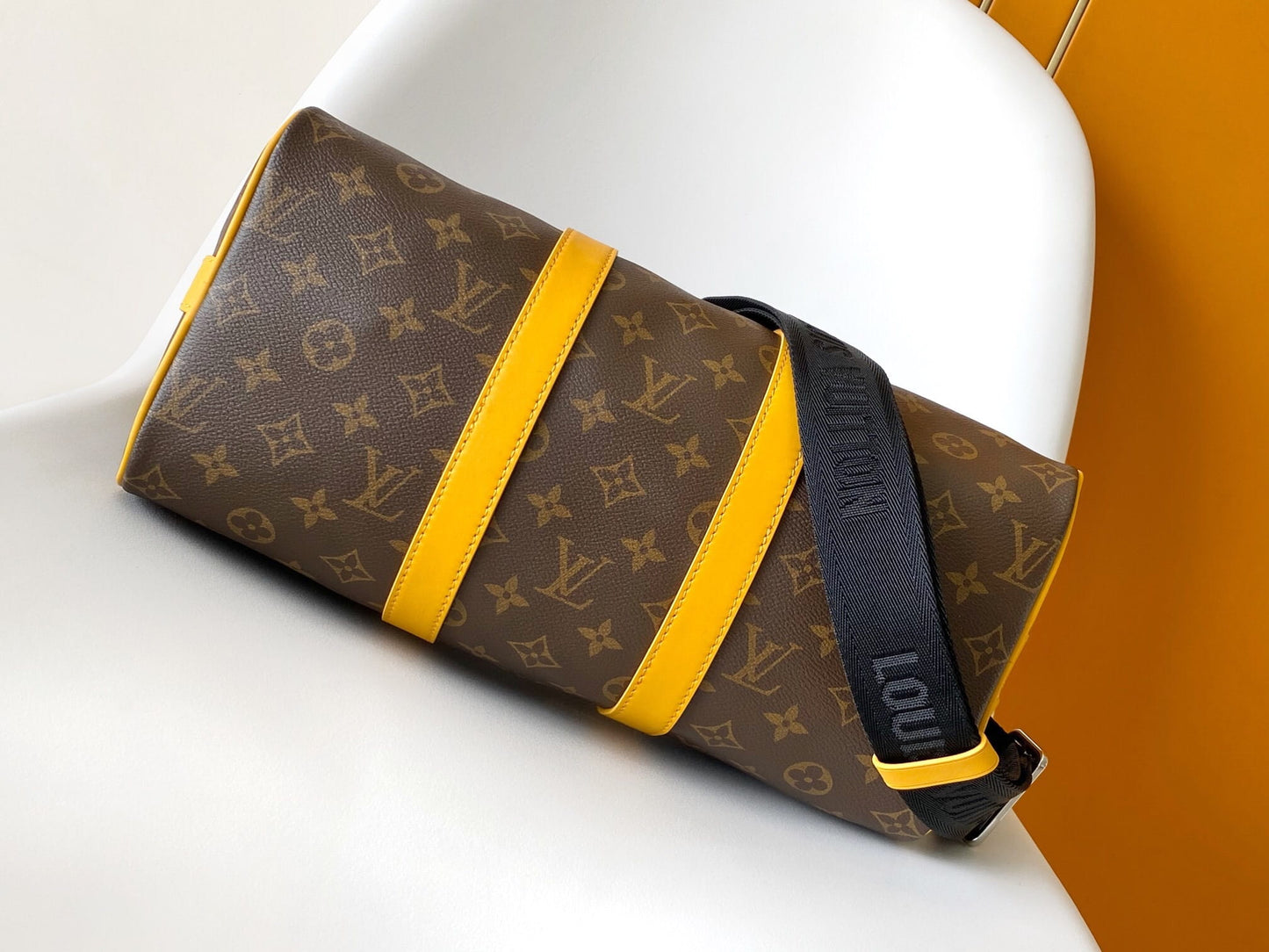 Louis Vuitton LV Monogram Macassar Keepall Bandoulière 35 Travel Duffle Bag in Jaune Safran Yellow