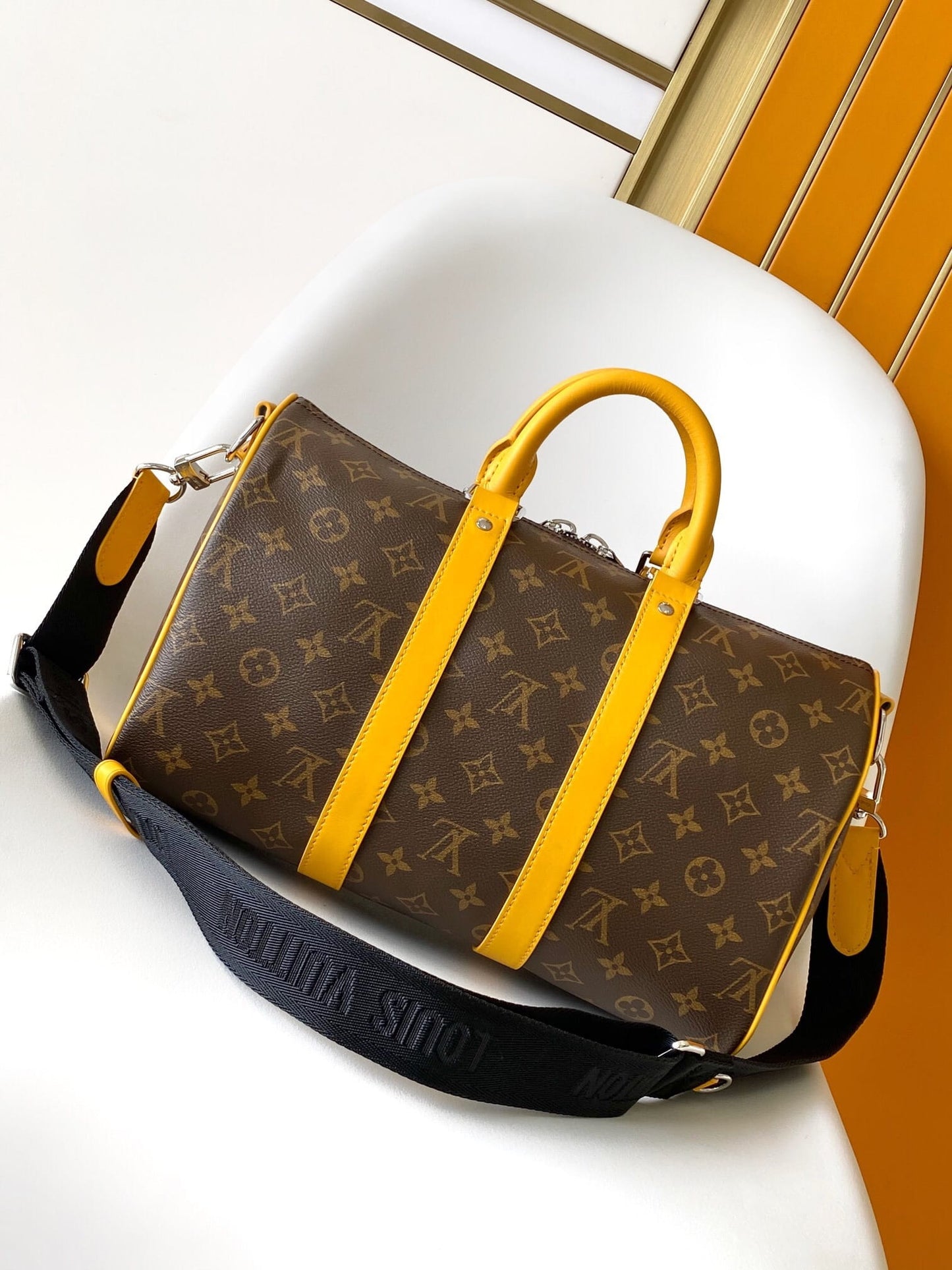 Louis Vuitton LV Monogram Macassar Keepall Bandoulière 35 Travel Duffle Bag in Jaune Safran Yellow