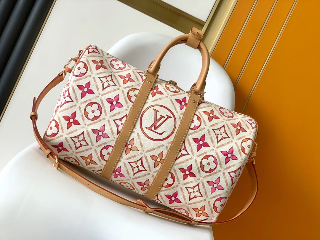 Louis Vuitton LV Monogram Tile Keepall Bandouliere 45 Travel Bag Coral