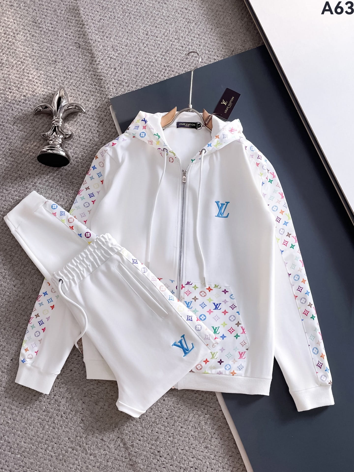 Louis Vuitton LV Multicolor Monogram Tracksuit - White Graphic Stripe Zip Hoodie Set