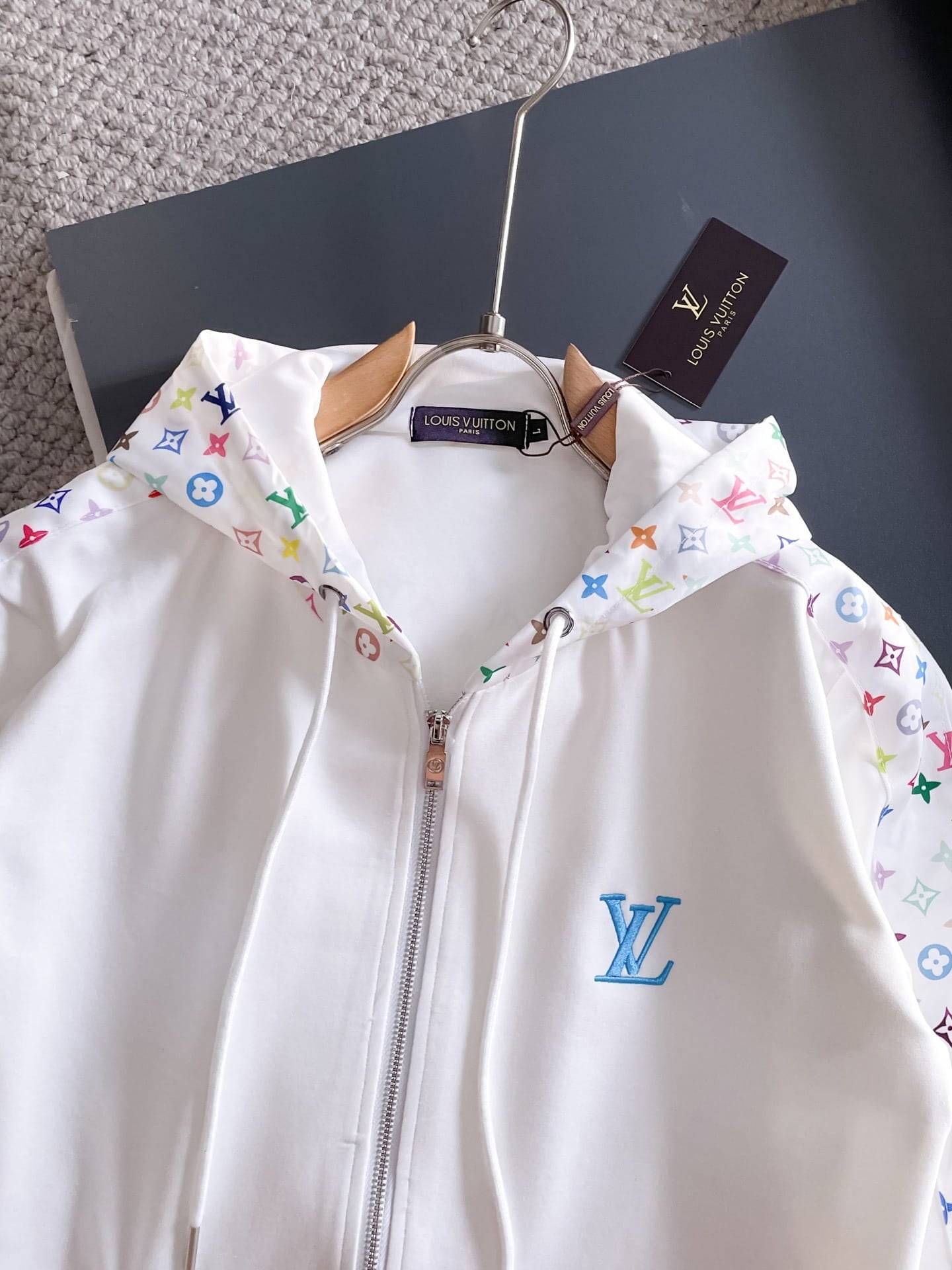 Louis Vuitton LV Multicolor Monogram Tracksuit - White Graphic Stripe Zip Hoodie Set