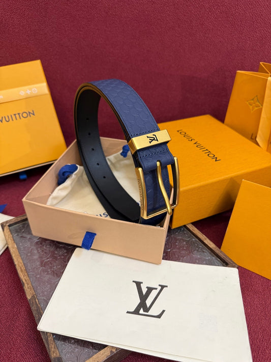 Louis Vuitton LV Navy Blue Pont Neuf 35mm Belt - Brushed Gold Buckle