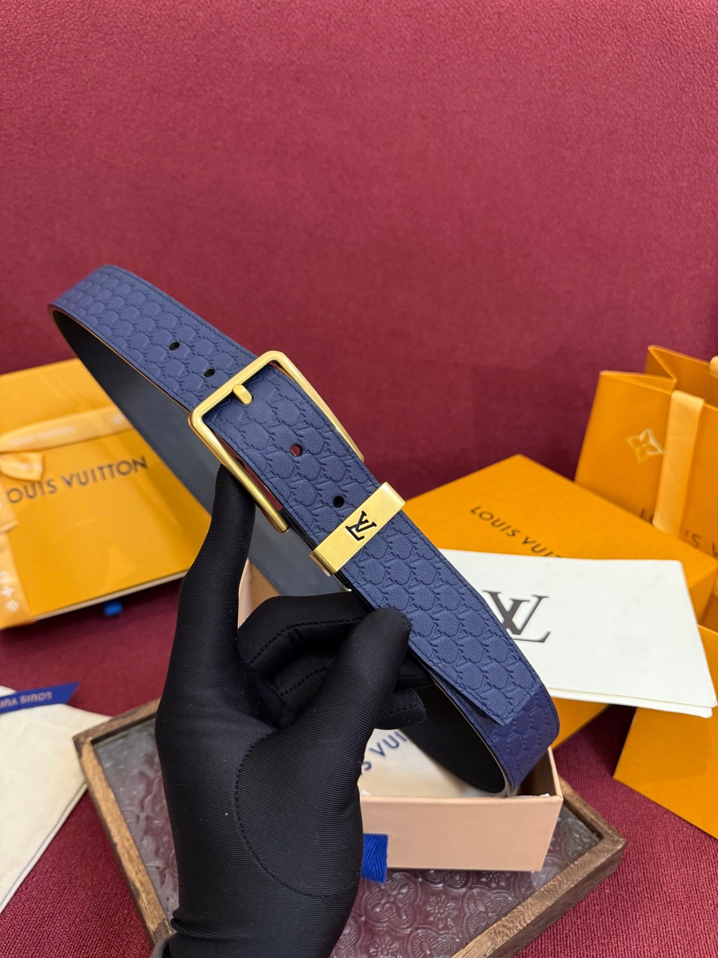 Louis Vuitton LV Navy Blue Pont Neuf 35mm Belt - Brushed Gold Buckle